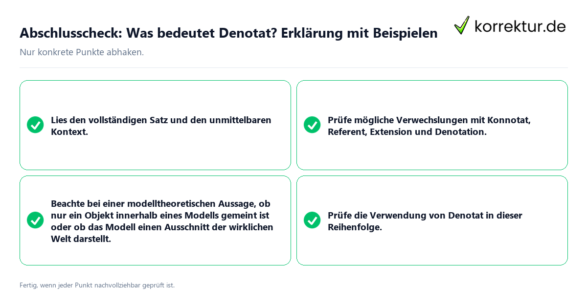 Konkreter Abschlusscheck zu Was bedeutet Denotat? Erklärung mit Beispielen