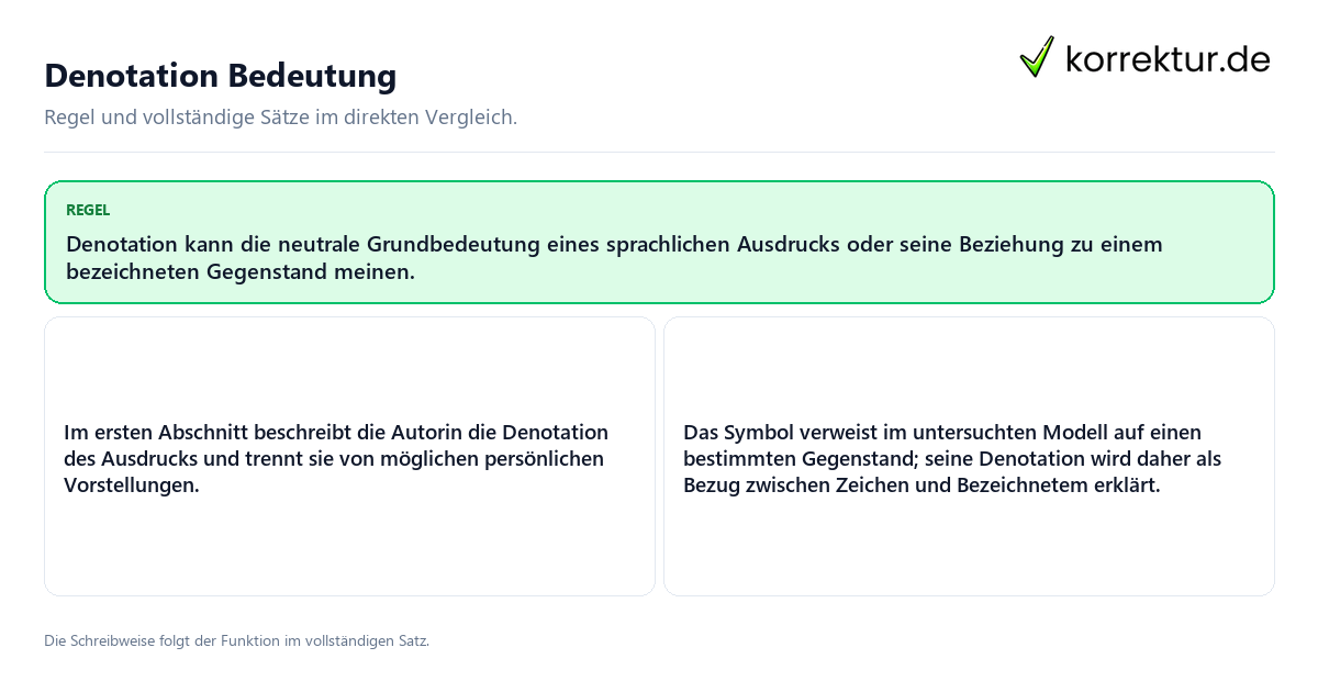 Konkrete Regel und vollständige Beispielsätze zu Denotation Bedeutung