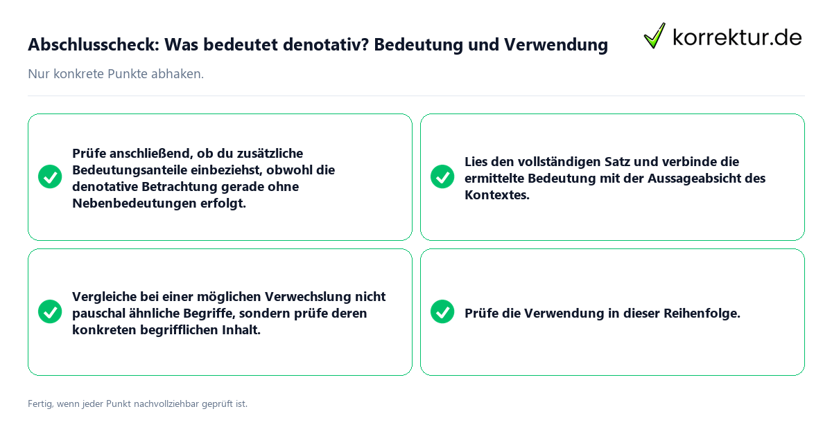 Konkreter Abschlusscheck zu Was bedeutet denotativ? Bedeutung und Verwendung