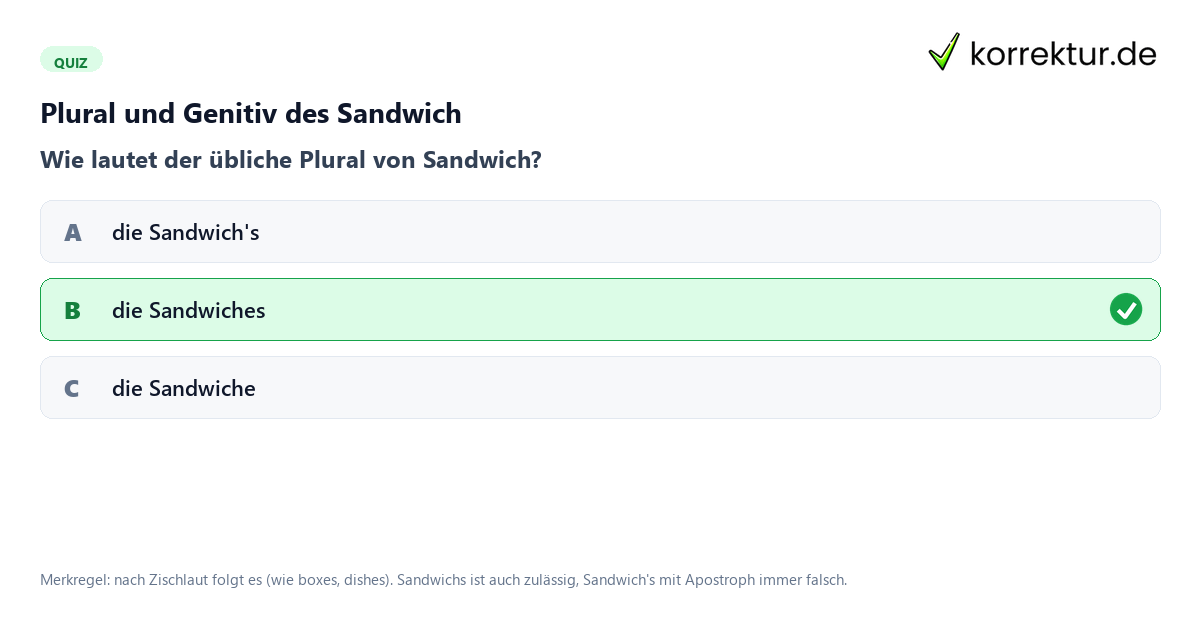Sandwich Artikel Quiz: richtiger Plural und Genitiv