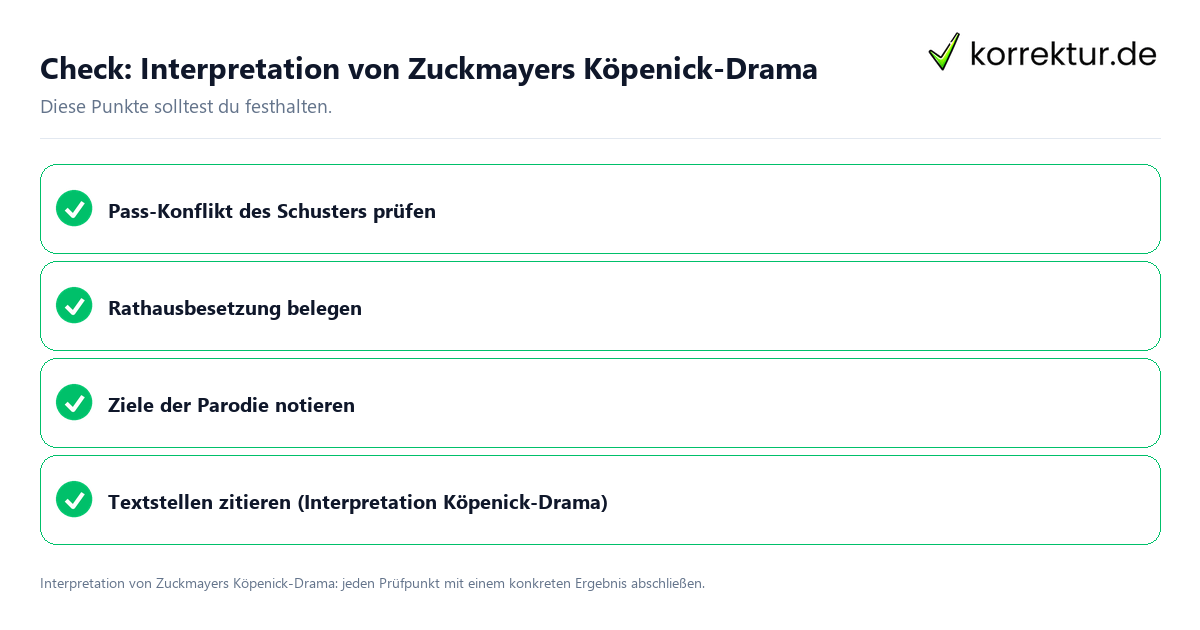 Interpretation von Zuckmayers Köpenick-Drama mit einer themenspezifischen Checkliste