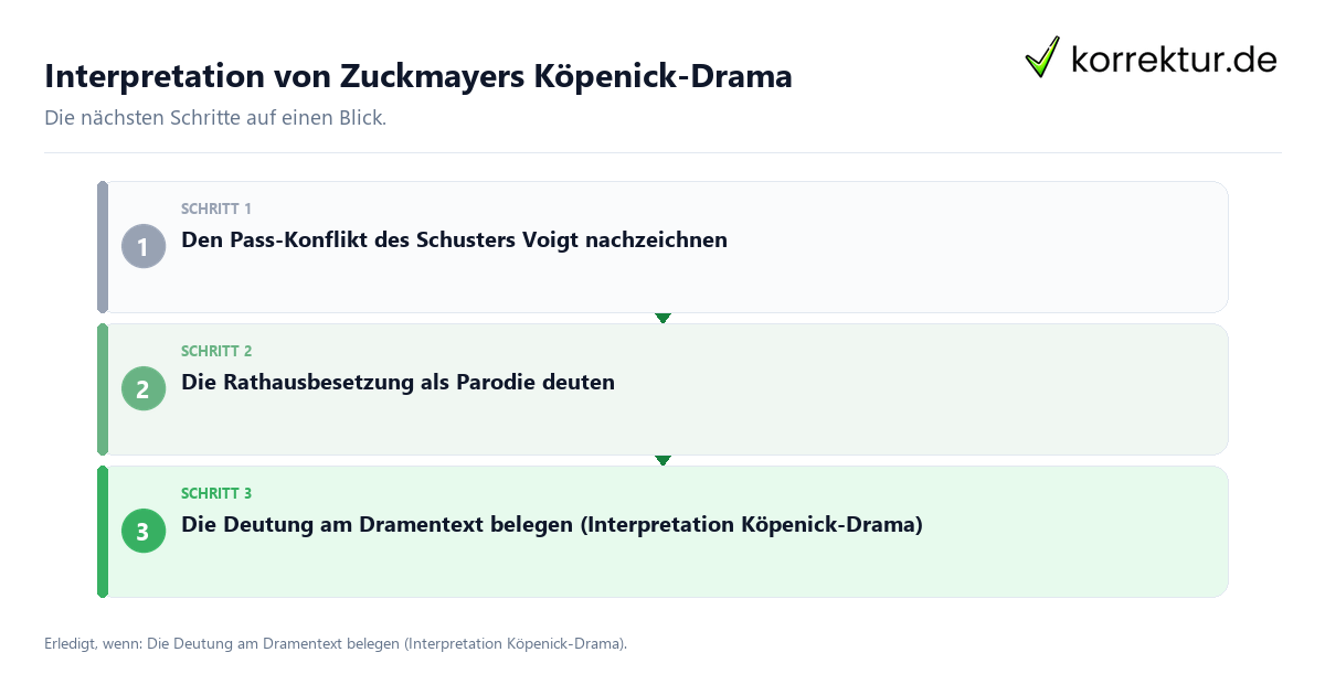 Interpretation von Zuckmayers Köpenick-Drama mit einem Ablauf aus Prüfung, Kontakt und Dokumentation
