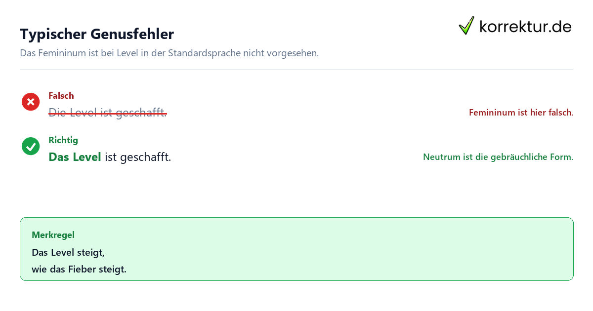 Typischer Genusfehler Der oder das Level: Häufiger Fehler mit femininem Artikel