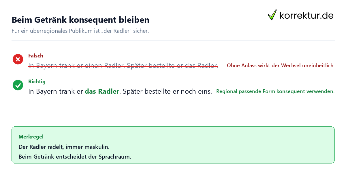 Beim Getränk konsequent bleiben Der oder das Radler: korrekte Artikel regional verwenden