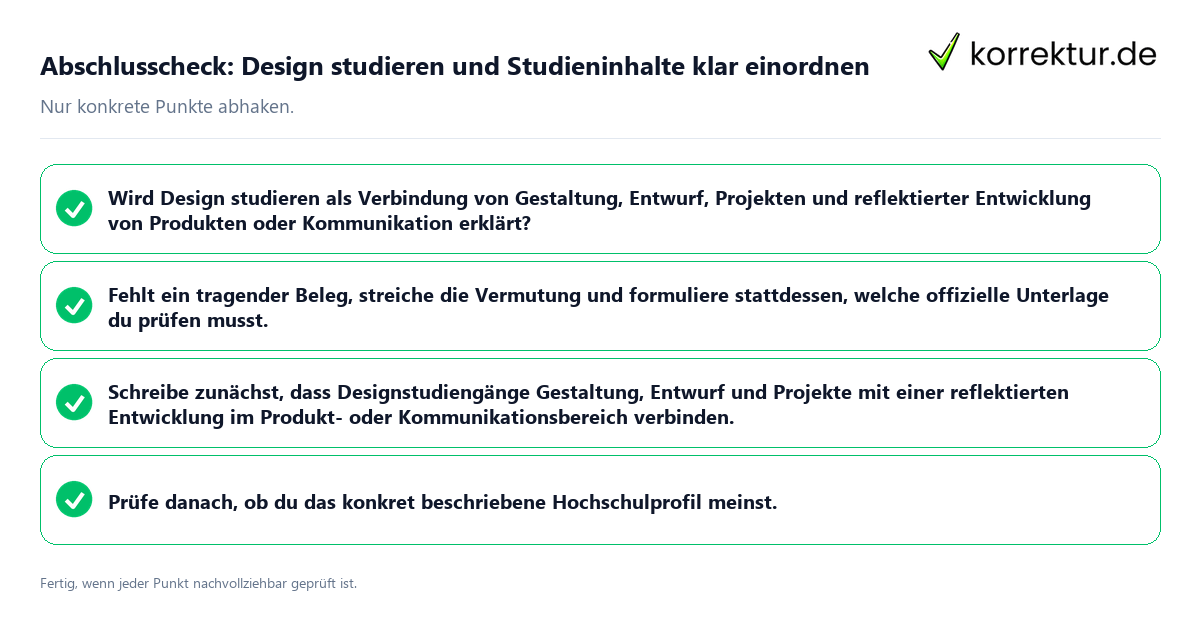 Konkreter Abschlusscheck zu Design studieren und Studieninhalte klar einordnen
