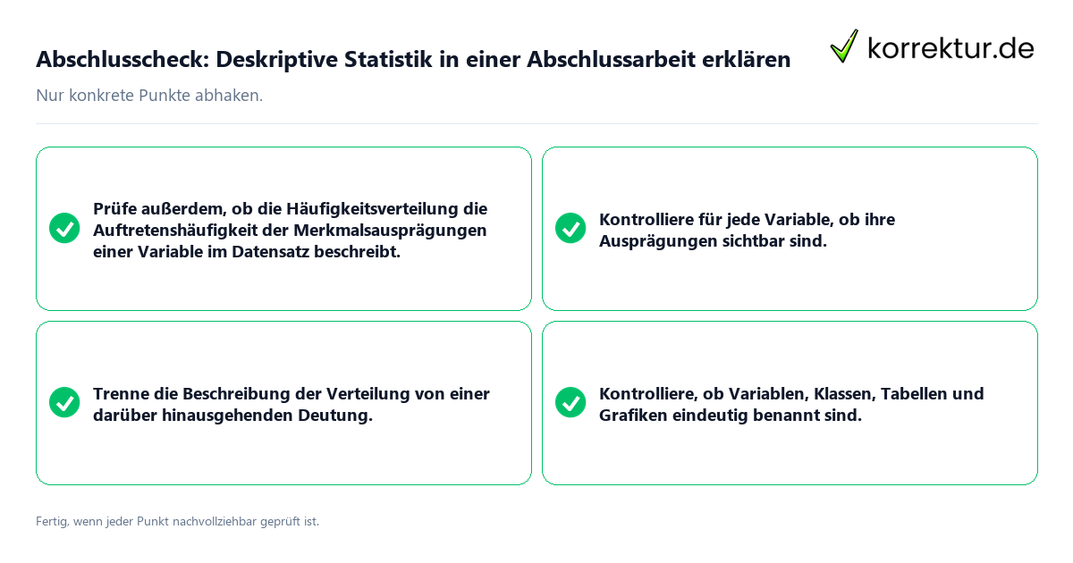 Konkreter Abschlusscheck zu Deskriptive Statistik in einer Abschlussarbeit erklären