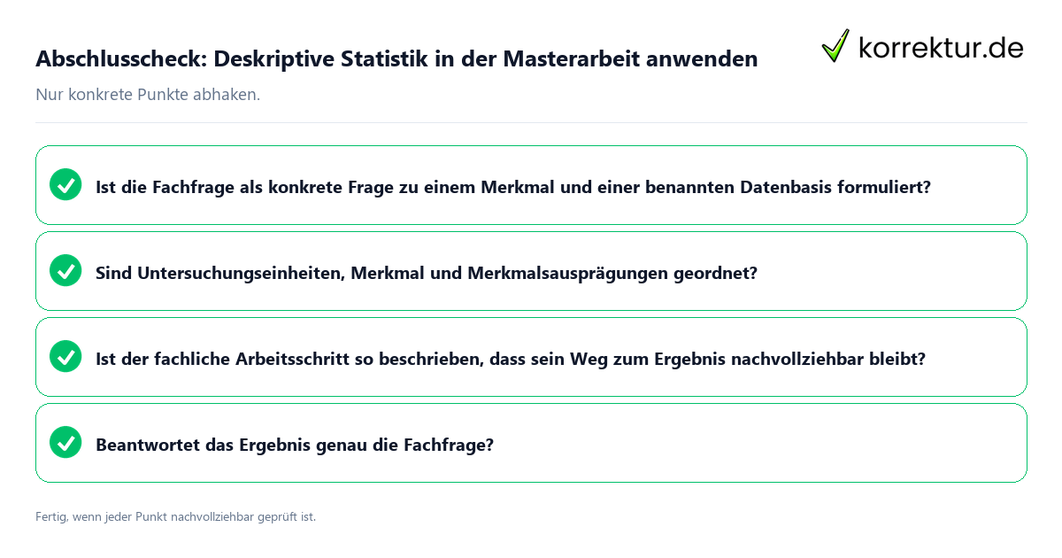 Konkreter Abschlusscheck zu Deskriptive Statistik in der Masterarbeit anwenden