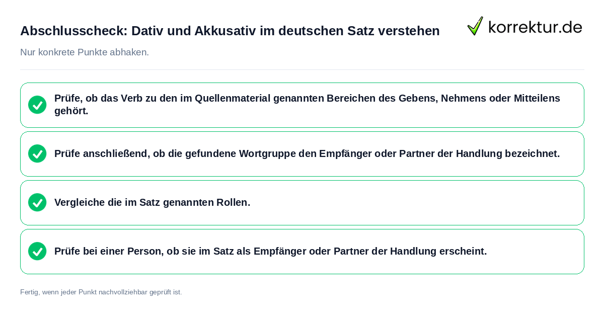 Konkreter Abschlusscheck zu Dativ und Akkusativ im deutschen Satz verstehen