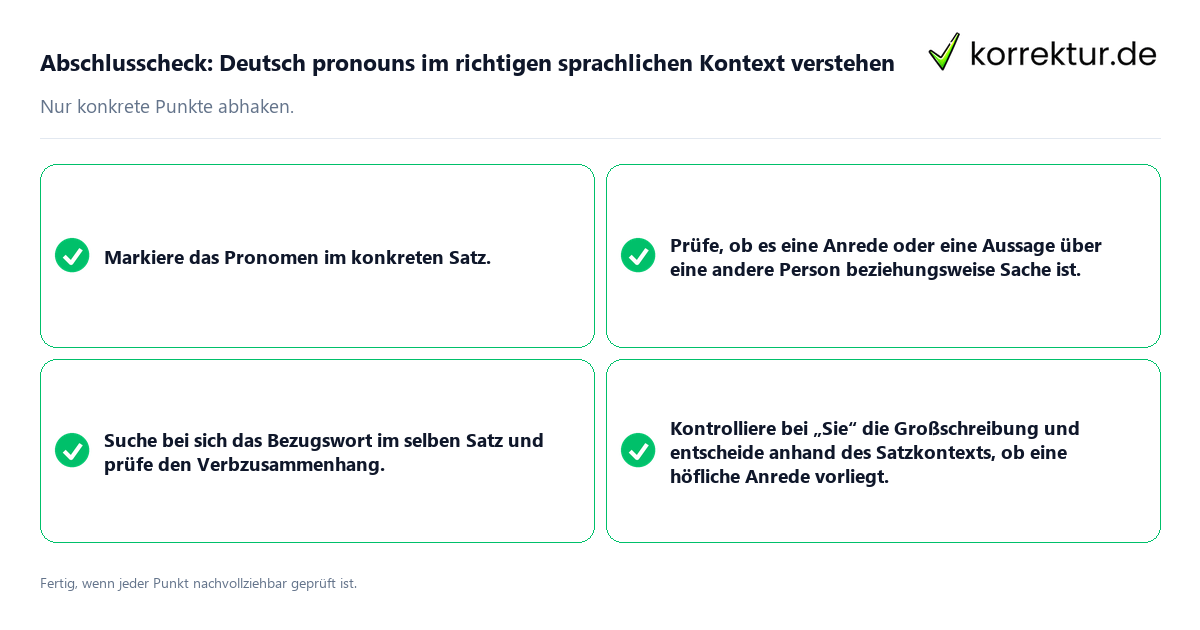 Konkreter Abschlusscheck zu Deutsch pronouns im richtigen sprachlichen Kontext verstehen