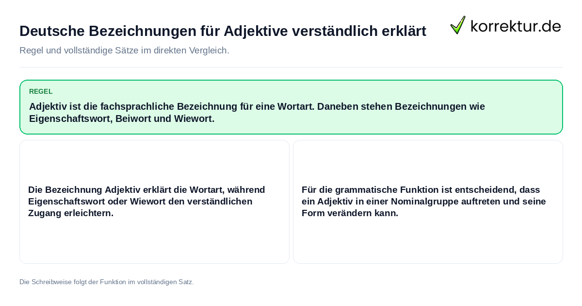 Konkrete Regel und vollständige Beispielsätze zu Deutsche Bezeichnungen für Adjektive verständlich