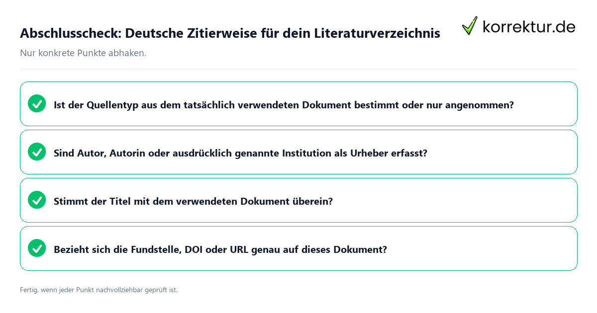 Konkreter Abschlusscheck zu Deutsche Zitierweise für dein Literaturverzeichnis