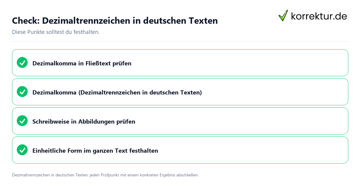 Dezimaltrennzeichen in deutschen Texten mit einer themenspezifischen Checkliste