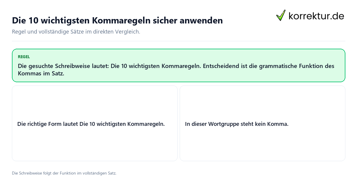 Konkrete Regel und vollständige Beispielsätze zu Die 10 wichtigsten Kommaregeln sicher anwenden