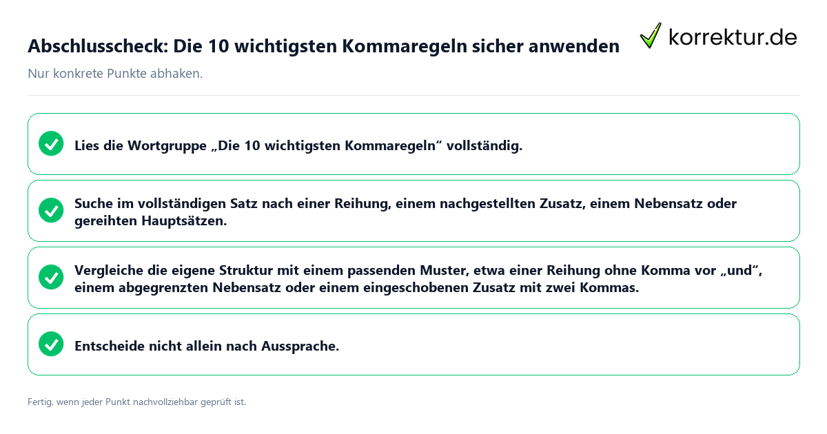 Konkreter Abschlusscheck zu Die 10 wichtigsten Kommaregeln sicher anwenden