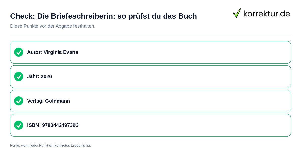 Check: Die Briefeschreiberin: so prüfst du das Buch Die Briefeschreiberin: so prüfst du das Buch: Prüfliste mit vier Punkten