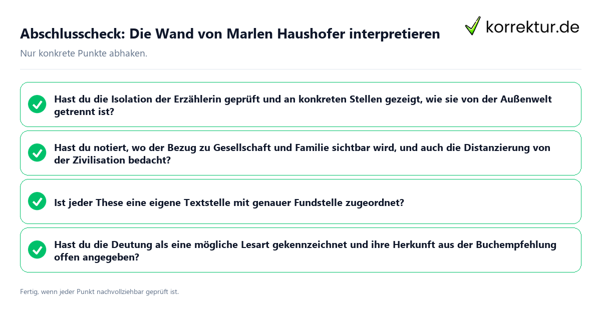 Konkreter Abschlusscheck zu Die Wand von Marlen Haushofer interpretieren