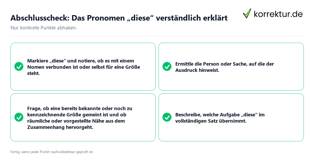 Abschlusscheck: Das Pronomen „diese“ verständlich erklärt Konkreter Abschlusscheck zu Das Pronomen „diese“ verständlich erklärt
