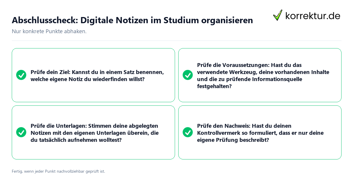 Konkreter Abschlusscheck zu Digitale Notizen im Studium organisieren