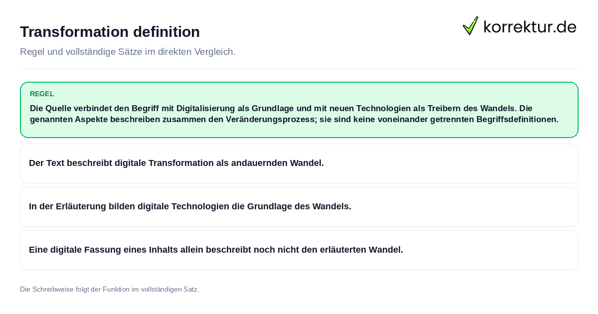 Transformation definition Konkrete Regel und vollständige Beispielsätze zu Transformation definition
