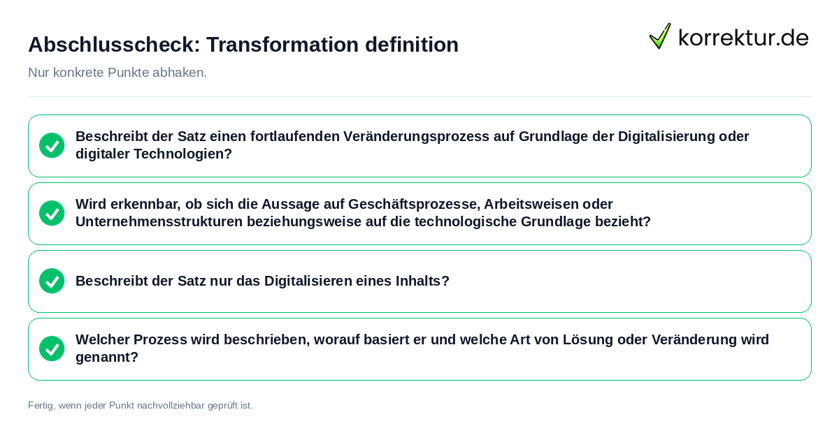 Konkreter Abschlusscheck zu Transformation definition