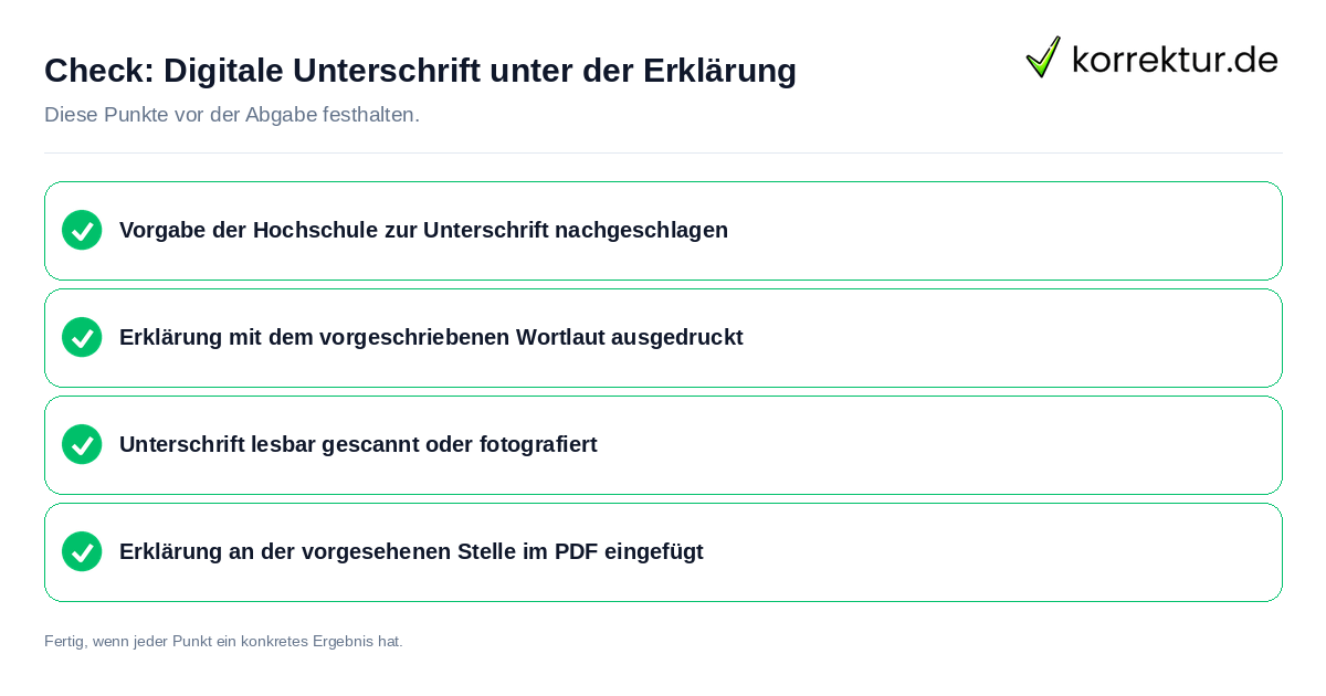 Digitale Unterschrift unter der Erklärung: Prüfliste mit vier Punkten
