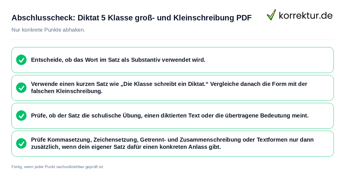 Konkreter Abschlusscheck zu Diktat 5 Klasse groß- und Kleinschreibung PDF