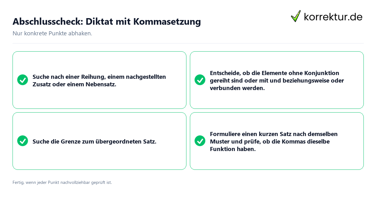 Konkreter Abschlusscheck zu Diktat mit Kommasetzung