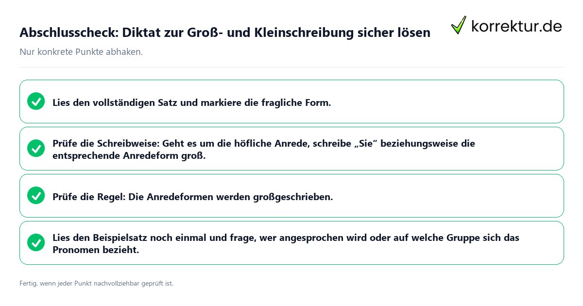 Konkreter Abschlusscheck zu Diktat zur Groß- und Kleinschreibung sicher lösen