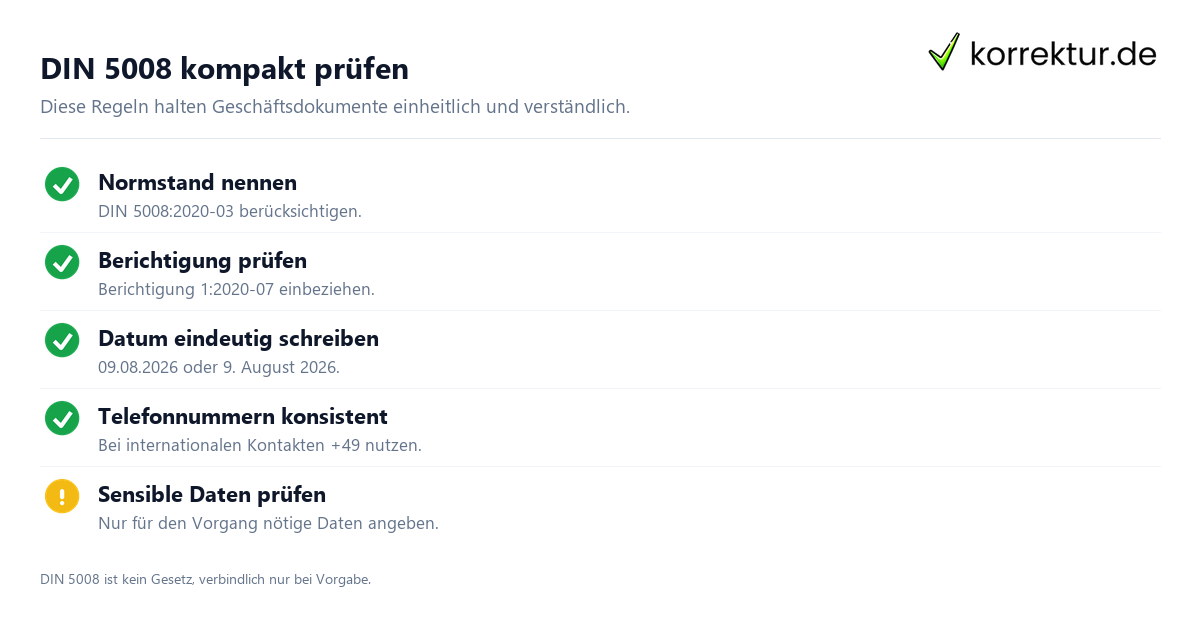 DIN 5008: Aufbau und Regeln für klare Geschäftskommunikation, Formatierungsregeln prüfen