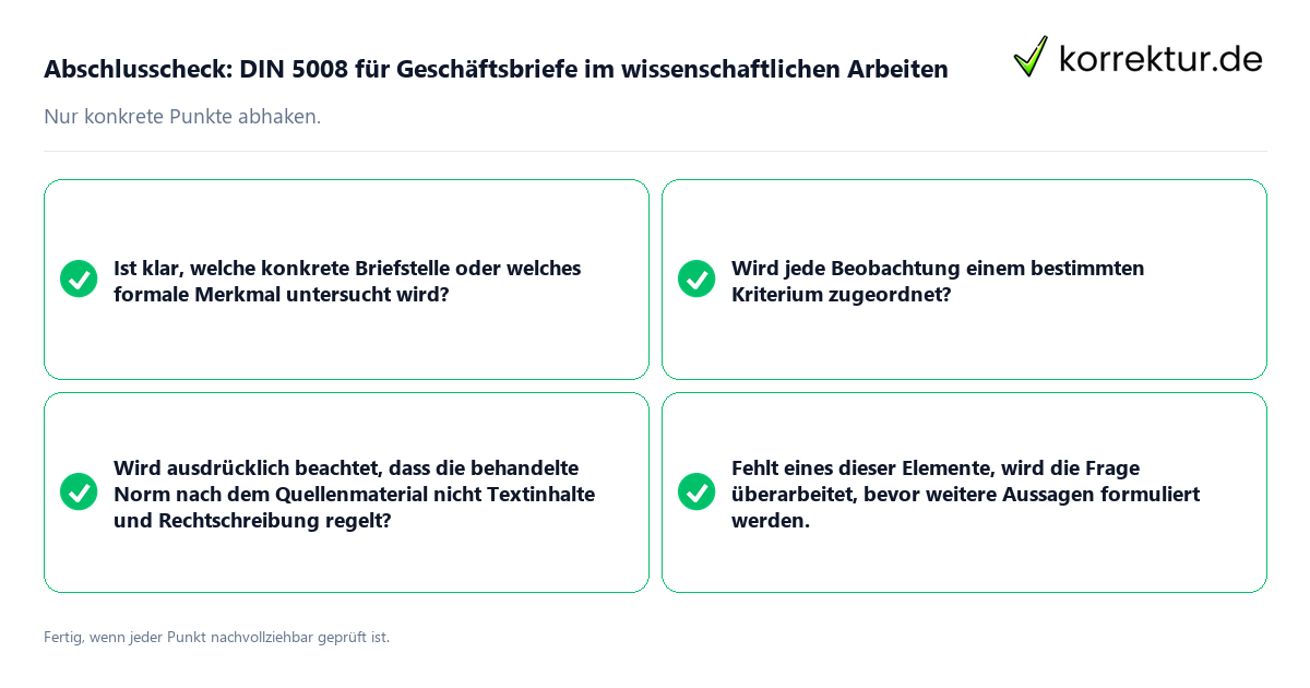 Konkreter Abschlusscheck zu DIN 5008 für Geschäftsbriefe im wissenschaftlichen Arbeiten