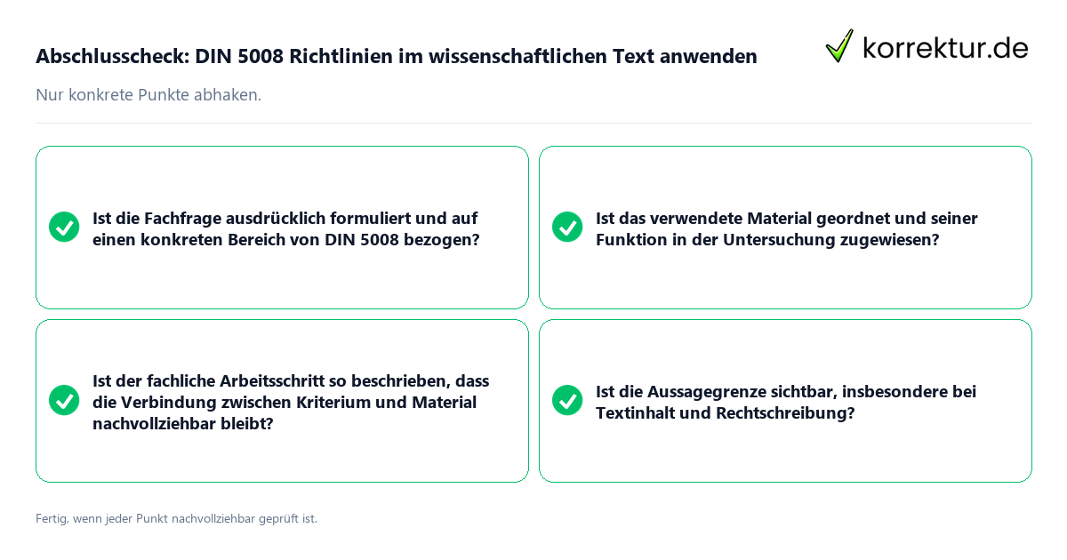 Konkreter Abschlusscheck zu DIN 5008 Richtlinien im wissenschaftlichen Text anwenden