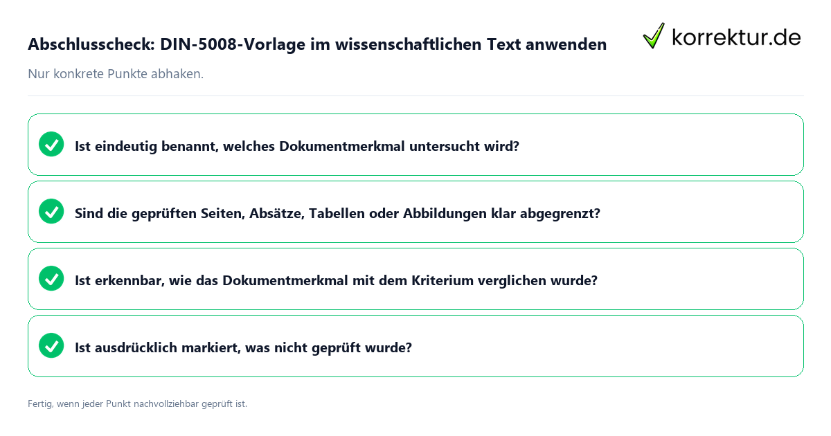 Konkreter Abschlusscheck zu DIN-5008-Vorlage im wissenschaftlichen Text anwenden