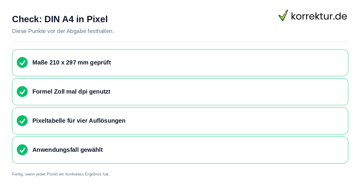 DIN A4 in Pixel: Prüfliste mit vier Punkten