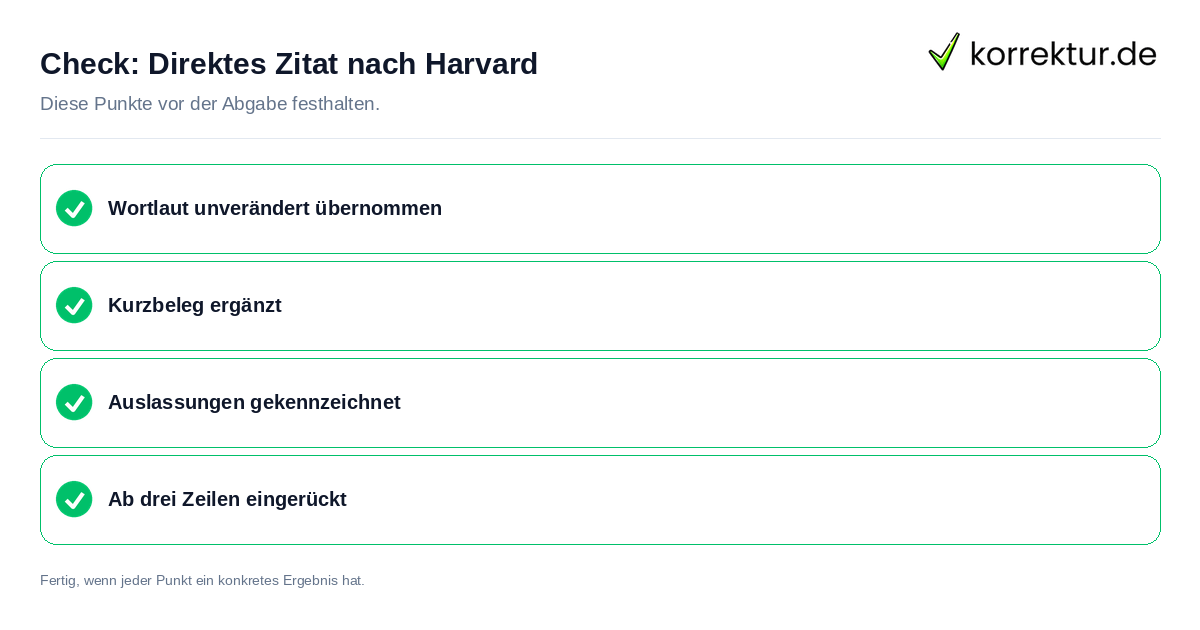 Direktes Zitat nach Harvard: Prüfliste mit vier Punkten