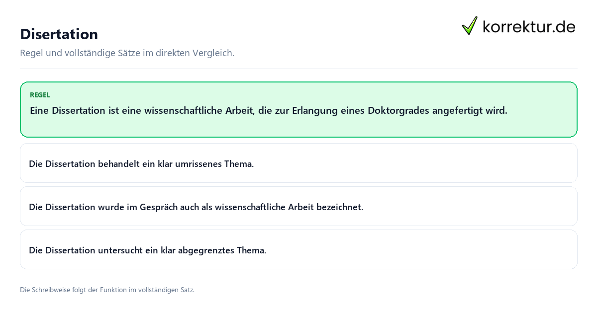 Konkrete Regel und vollständige Beispielsätze zu Disertation