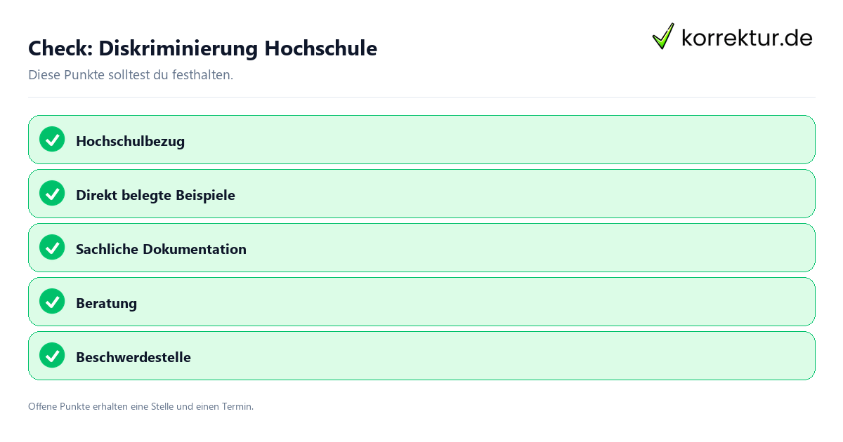 Diskriminierung Hochschule mit Checkliste für Unterlagen und nächste Schritte