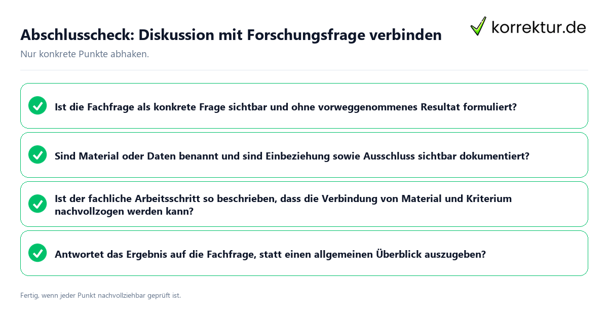 Konkreter Abschlusscheck zu Diskussion mit Forschungsfrage verbinden
