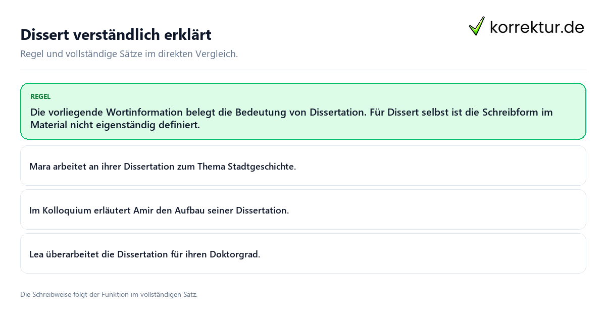 Konkrete Regel und vollständige Beispielsätze zu Dissert verständlich erklärt