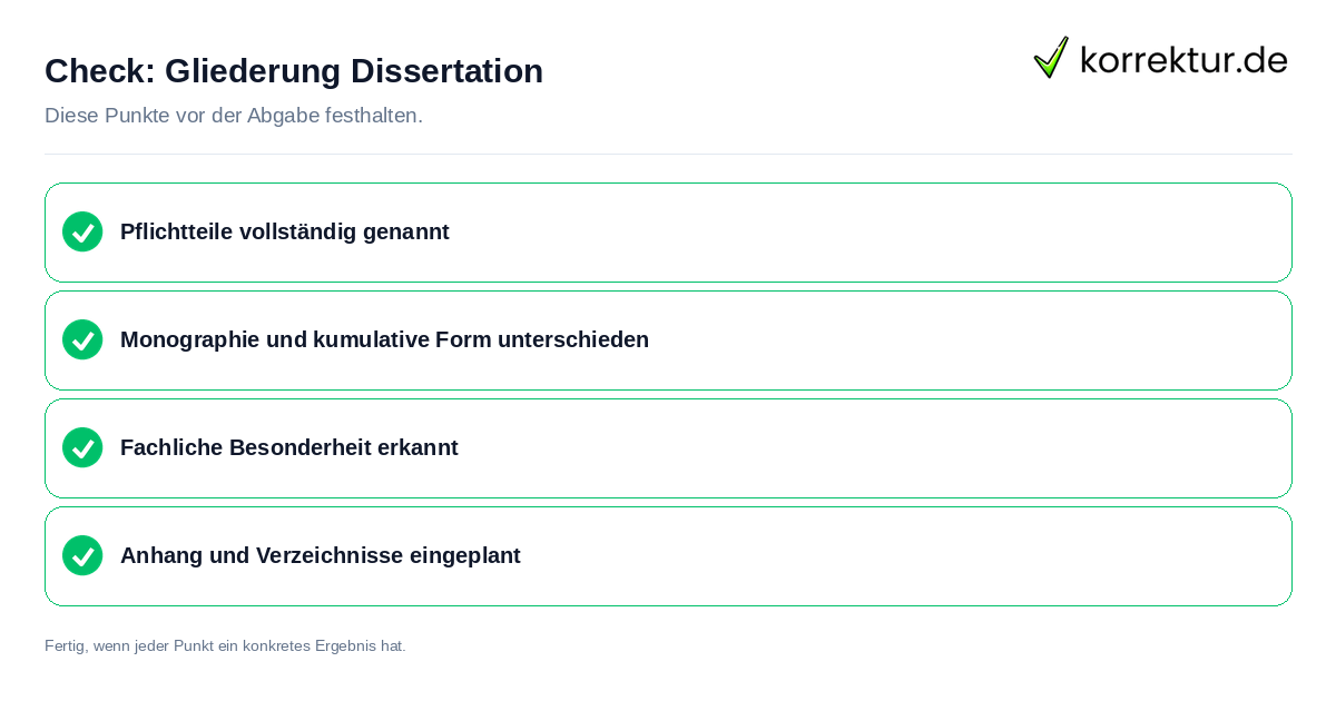 Gliederung Dissertation: Prüfliste mit vier Punkten