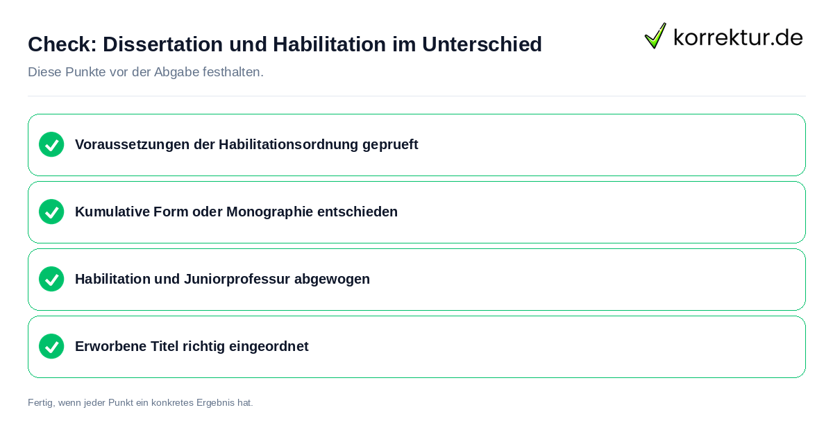 Dissertation und Habilitation im Unterschied: Prüfliste mit vier Punkten