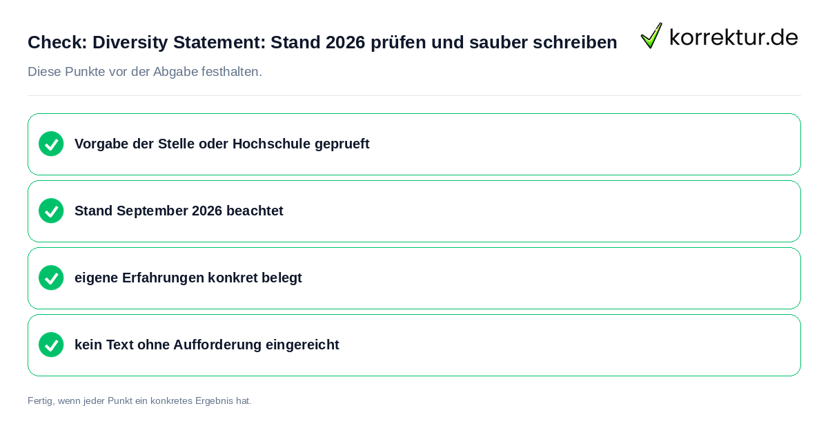Check: Diversity Statement: Stand 2026 prüfen und sauber schreiben Diversity Statement: Stand 2026 prüfen und sauber schreiben: Prüfliste mit vier Punkten