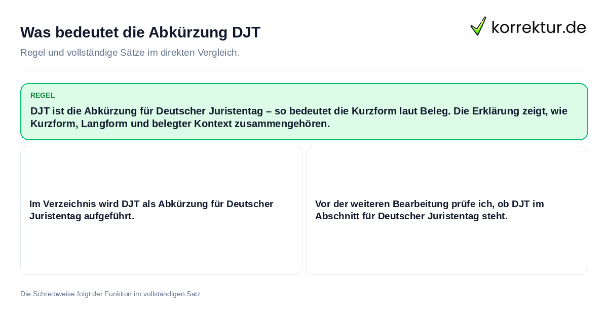Konkrete Regel und vollständige Beispielsätze zu Was bedeutet die Abkürzung DJT