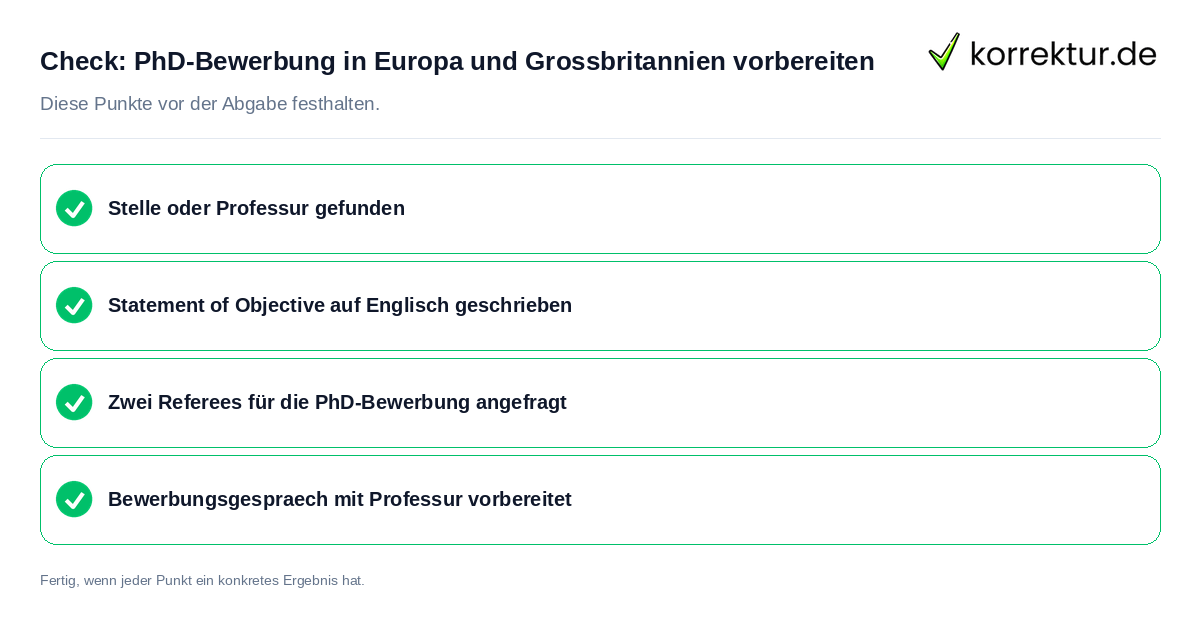 Check: PhD-Bewerbung in Europa und Großbritannien vorbereiten PhD-Bewerbung in Europa und Großbritannien vorbereiten: Prüfliste mit vier Punkten