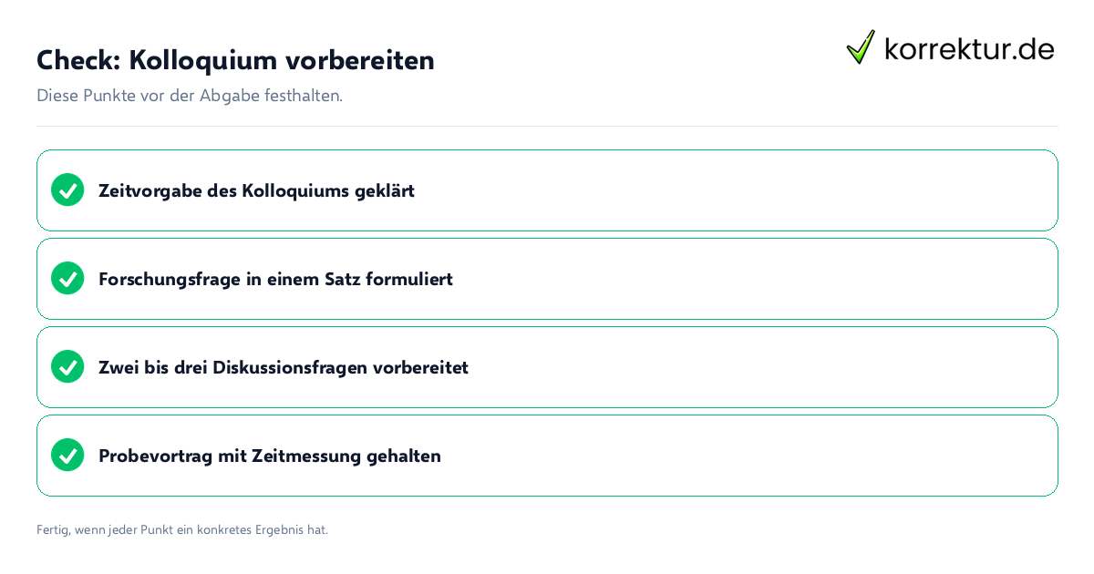 Check: Kolloquium vorbereiten Kolloquium vorbereiten: Prüfliste mit vier Punkten
