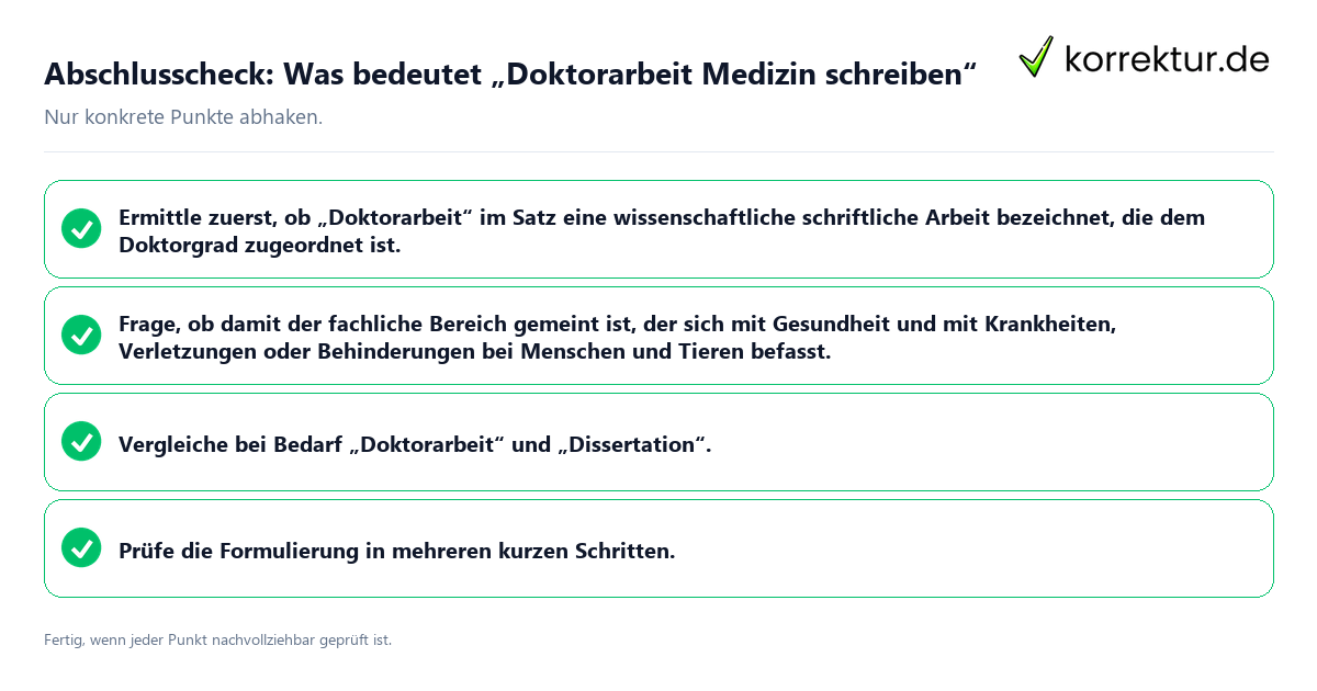 Konkreter Abschlusscheck zu Was bedeutet „Doktorarbeit Medizin schreiben“