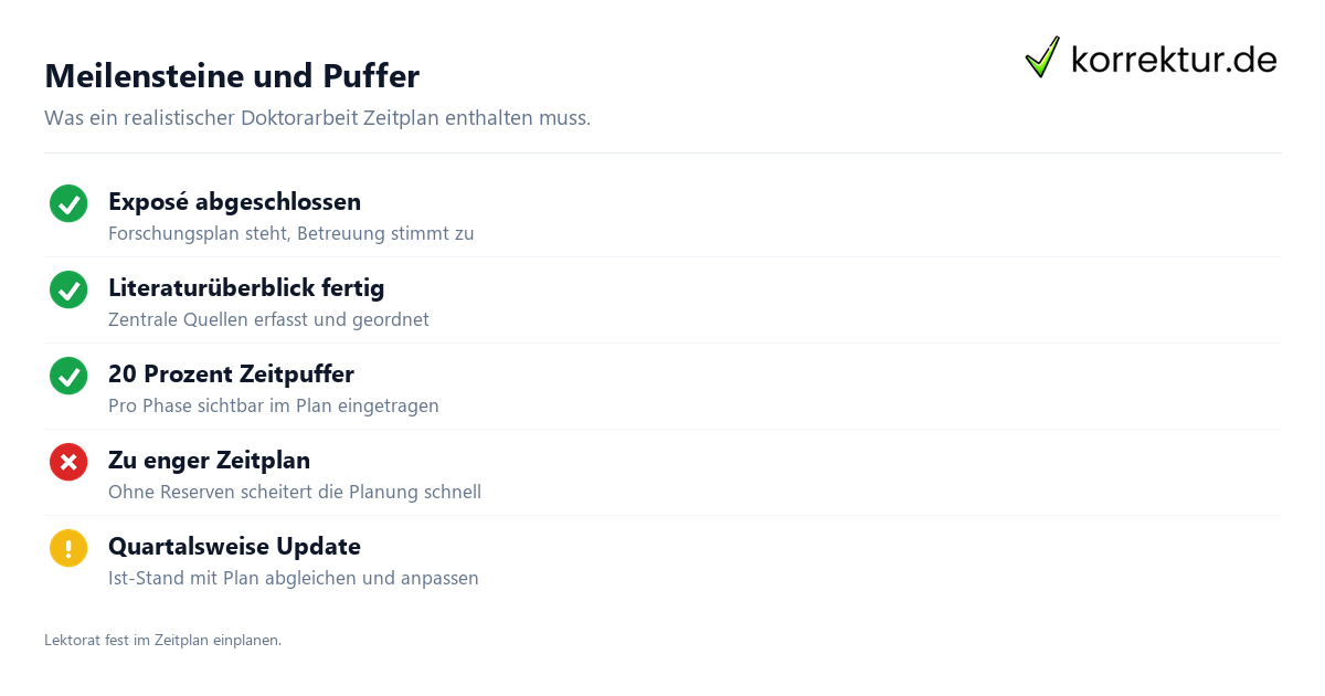 Checkliste Meilensteine und Puffer für Doktorarbeit Zeitplan