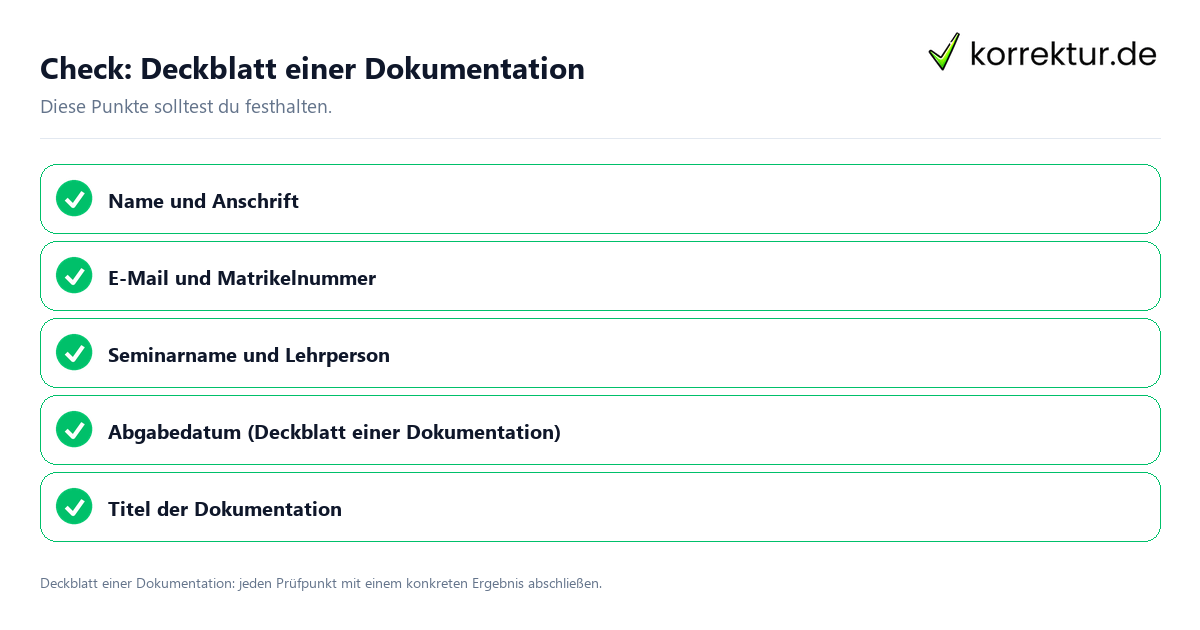 Check: Deckblatt einer Dokumentation Deckblatt einer Dokumentation mit einer themenspezifischen Checkliste
