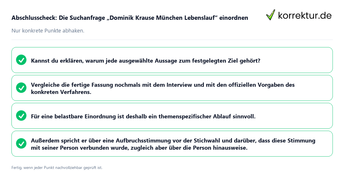 Konkreter Abschlusscheck zu Die Suchanfrage „Dominik Krause München Lebenslauf“ einordnen
