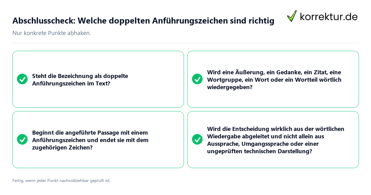 Konkreter Abschlusscheck zu Welche doppelten Anführungszeichen sind richtig
