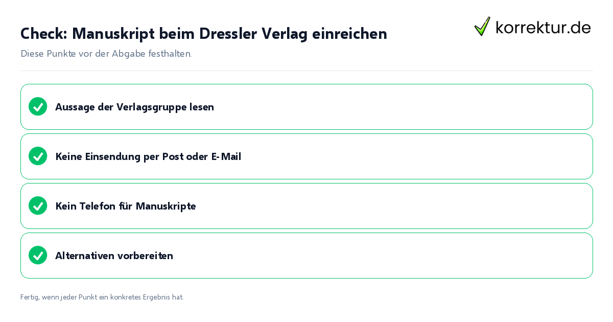 Check: Manuskript beim Dressler Verlag einreichen Manuskript beim Dressler Verlag einreichen: Prüfliste mit vier Punkten
